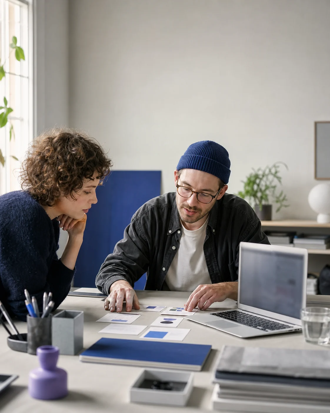 Two creators reviewing product materials together in a bright studio