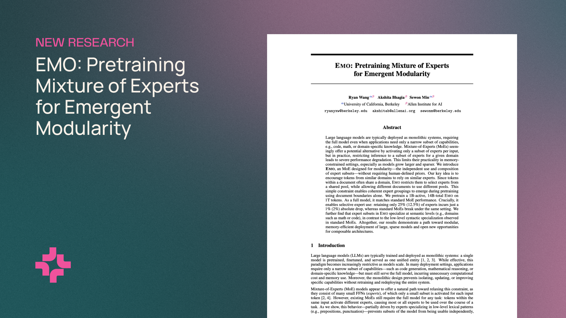 EMO: Pretraining Mixture of Experts for Emergent Modularity Research Announced on Hugging Face Blog