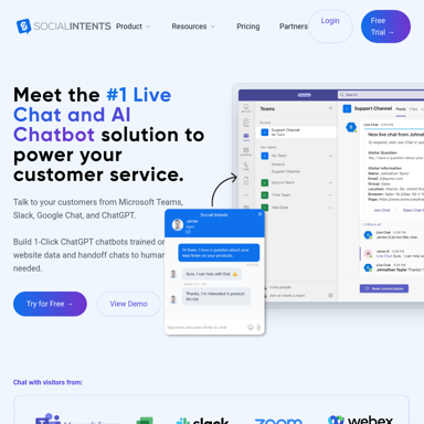 Social Intents | Chat en direct pour Microsoft Teams et Slack avec chatbots IA