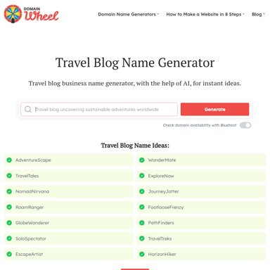 Generador de Nombres para Blog de Viajes con IA - DomainWheel