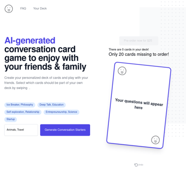 AI-generated conversation card game for friends & family