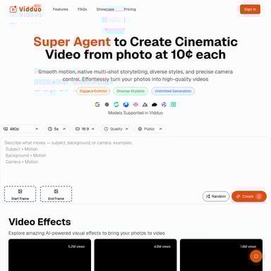Vidduo AI Photo to Video Agent: Cinematic Videos from Photos at 10¢ Each
