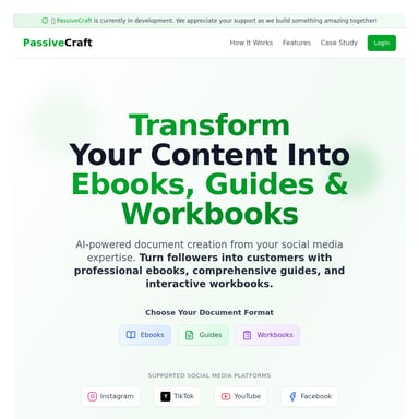 PassiveCraft: Transformación de Contenido en Ebooks, Guías y Cuadernos de Trabajo