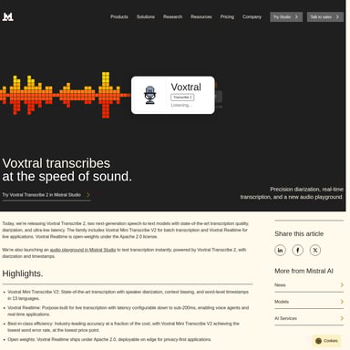 Voxtral Transcribe 2 by Mistral - Traduction et Transcription AI Tool Screenshot