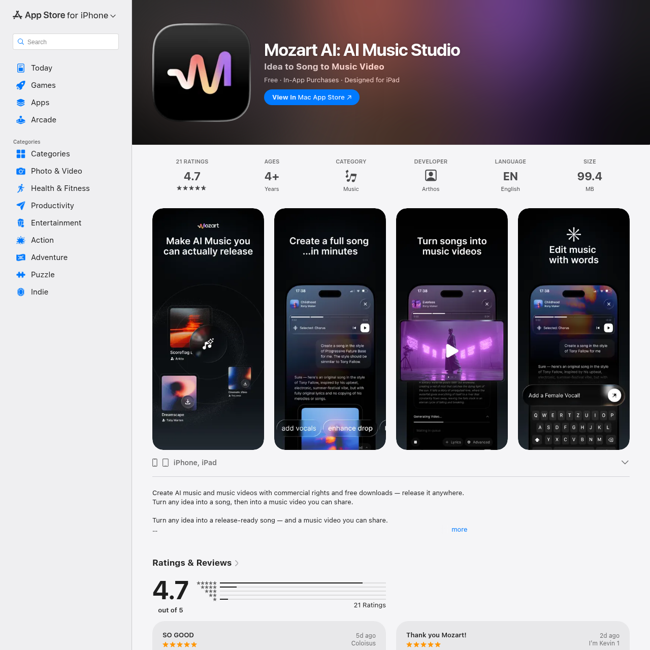 Mozart for iOS - Music & Audio Generation AI Tool Screenshot