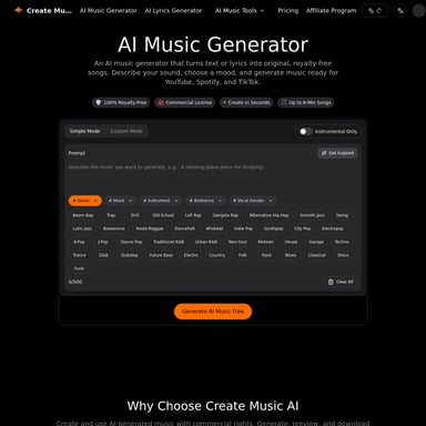 CreateMusicAI - Muziek- en Audiogeneratie AI Tool Screenshot