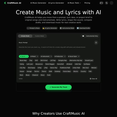 CraftMusic AI - Music & Audio Generation AI Tool Screenshot