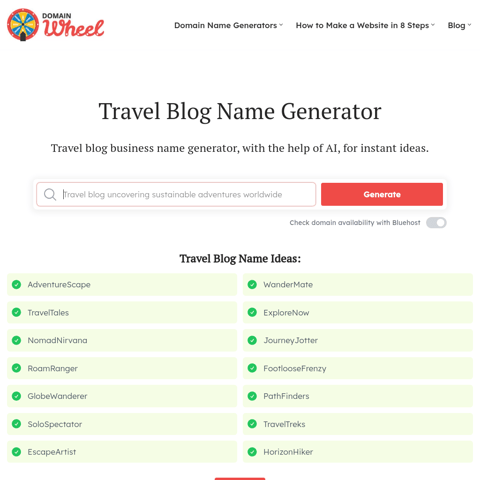 Travel Blog Name Ideas Generator product interface preview