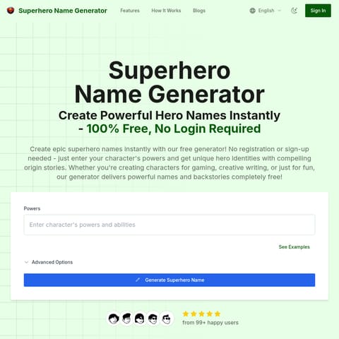 Superhero Name Generator product interface preview