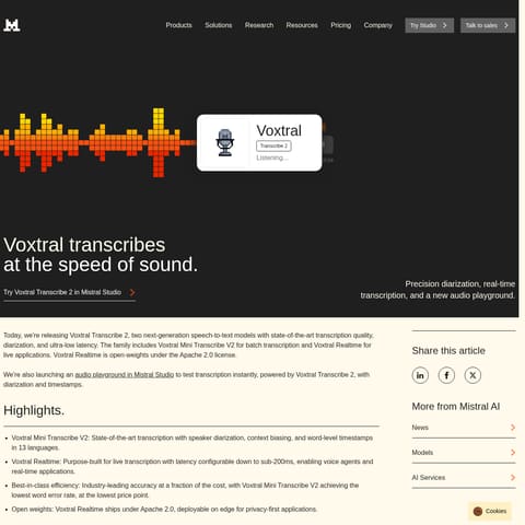 Voxtral Transcribe 2 by Mistral product interface preview
