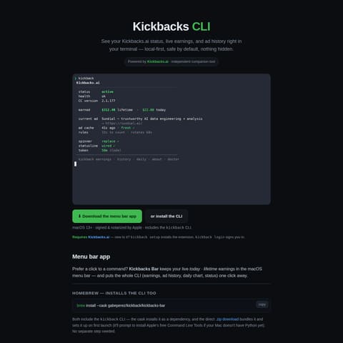 Kickbacks CLI product interface preview