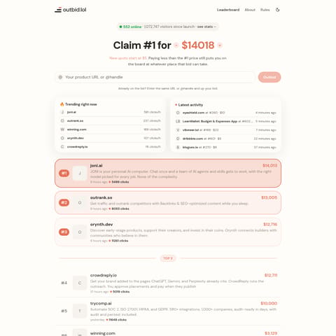 Outbid product interface preview