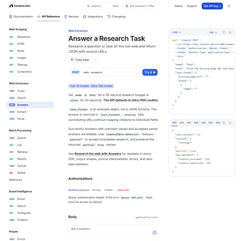 Answers by Context.dev product interface preview