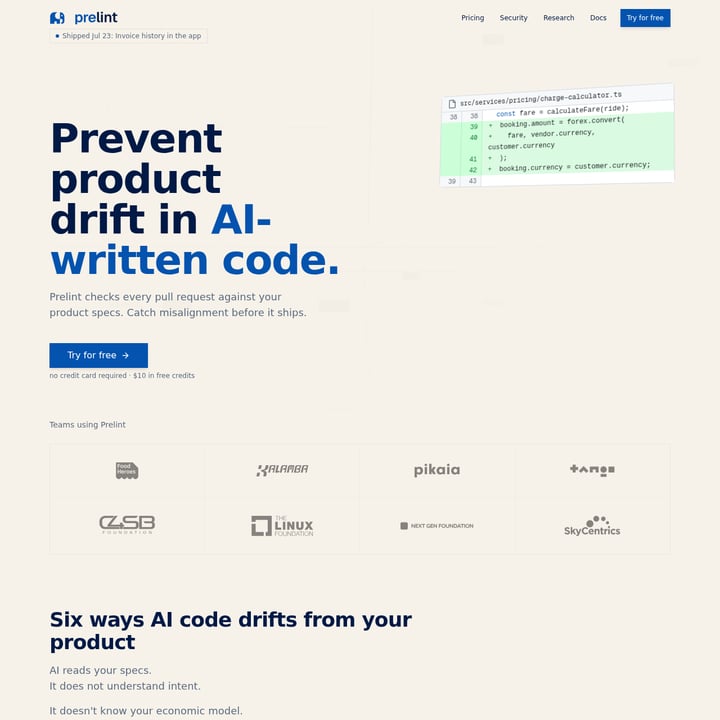 Prelint Code en IT AI tool screenshot