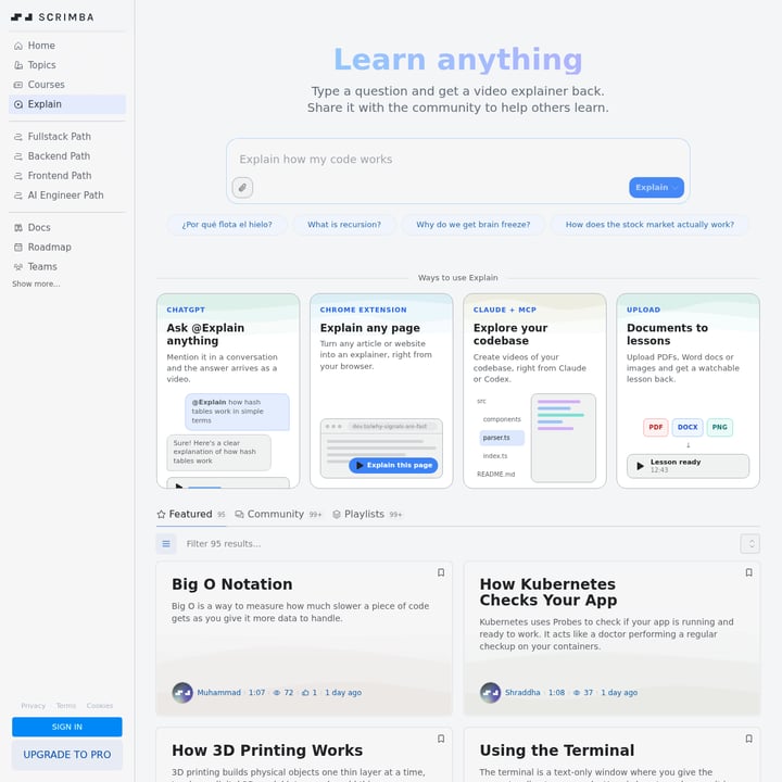 Scrimba Explain Education AI tool screenshot