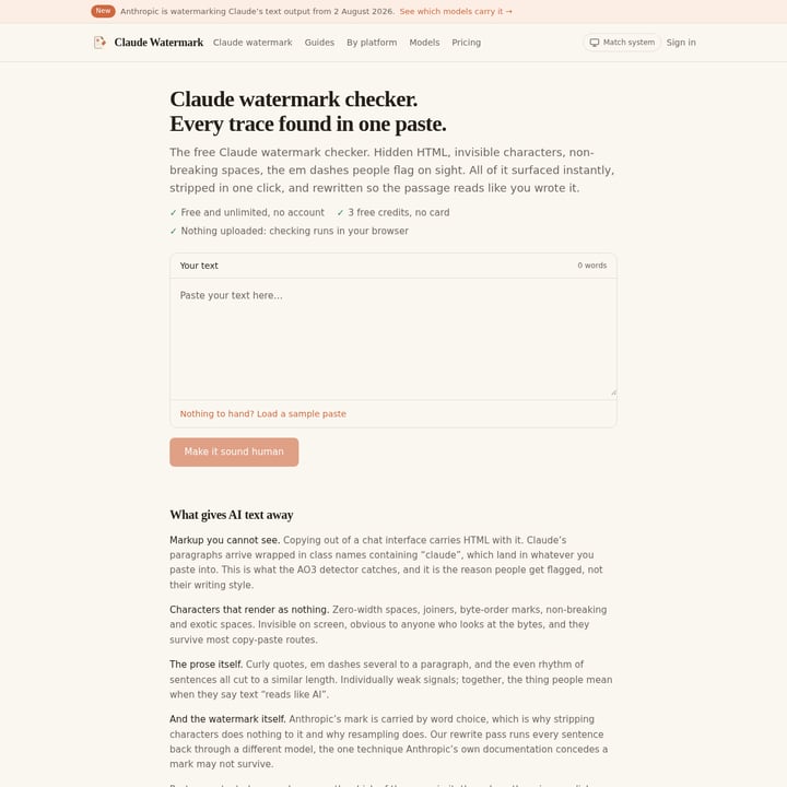 Claude Watermark Remover Writing Assistant AI tool screenshot