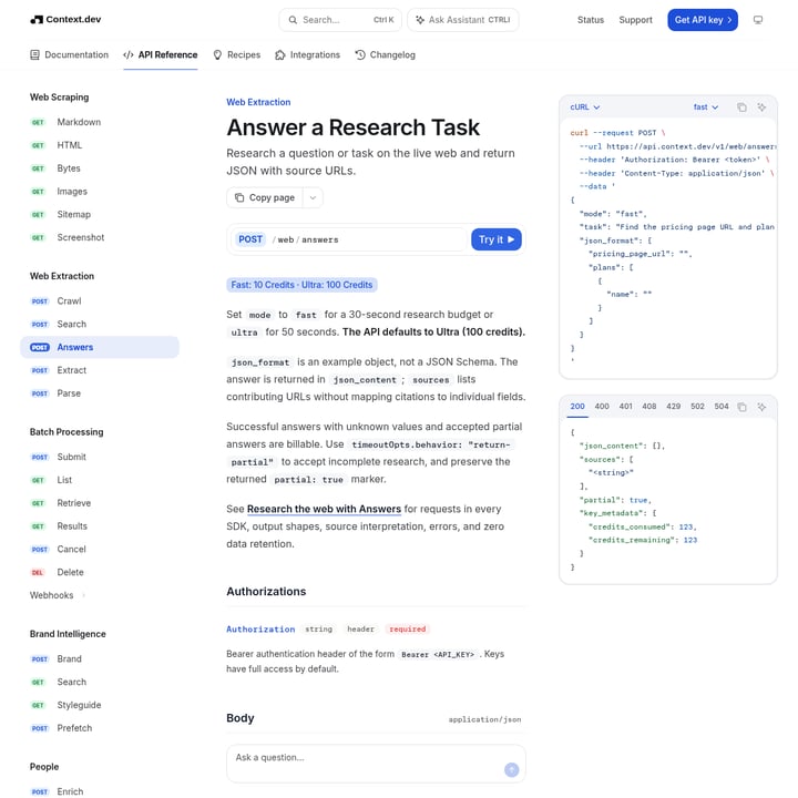 Answers by Context.dev Research Assistant AI tool screenshot