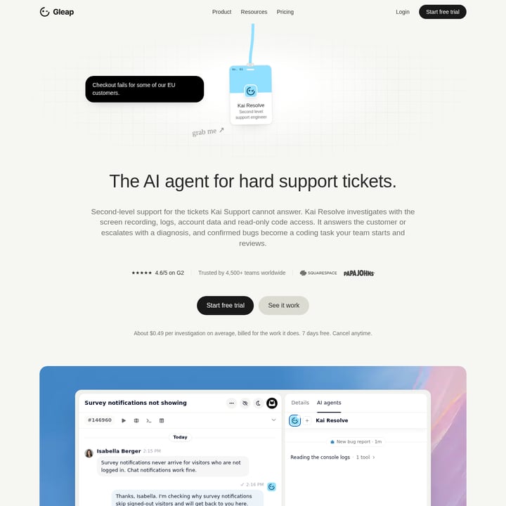 Kai Resolve by Gleap Customer Support AI tool screenshot