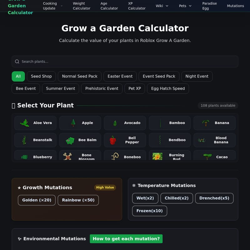 Grow a Garden Calculator - Roblox Value Tool