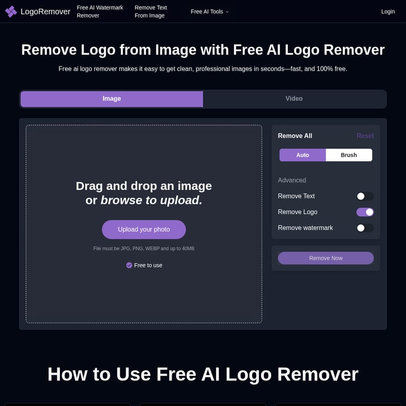 View Free AI Logo Remover-LogoRemover AI (no sign-up) - Бесплатный инструмент для удаления логотипов и водяных знаков с изображений Free AI Logo Remover-LogoRemover AI (no sign-up) - AI Tool Screenshot and Interface Preview