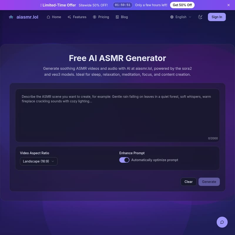 View aiasmr.lol - AI ASMR Generator - Create Soothing Videos and Audio aiasmr.lol - AI Tool Screenshot and Interface Preview