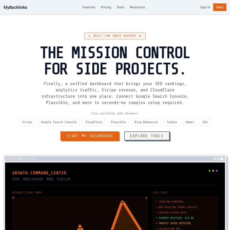 View MyBacklinks - Tableau de bord SEO et MRR pour projets secondaires MyBacklinks - AI Tool Screenshot and Interface Preview