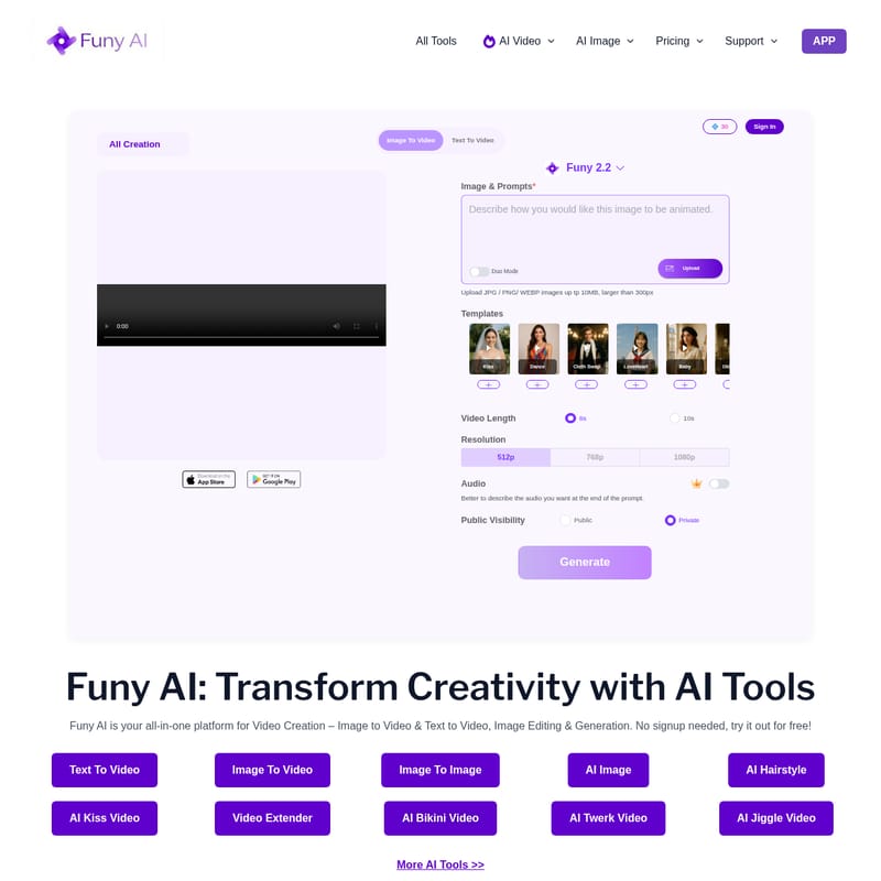 View Funy AI - Funy AI: All-in-One AI Video and Image Generation Platform Funy AI - AI Tool Screenshot and Interface Preview