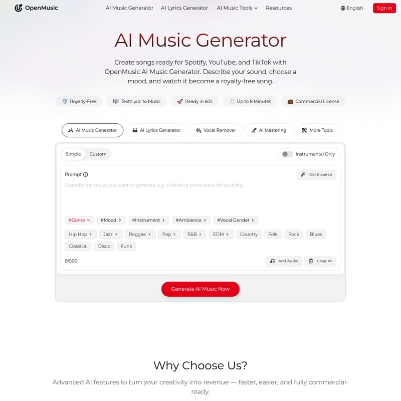 View OpenMusic AI - OpenMusic AI Music Generator: 텍스트로 만드는 상업용 로열티 프리 음악 제작 툴 OpenMusic AI - AI Tool Screenshot and Interface Preview