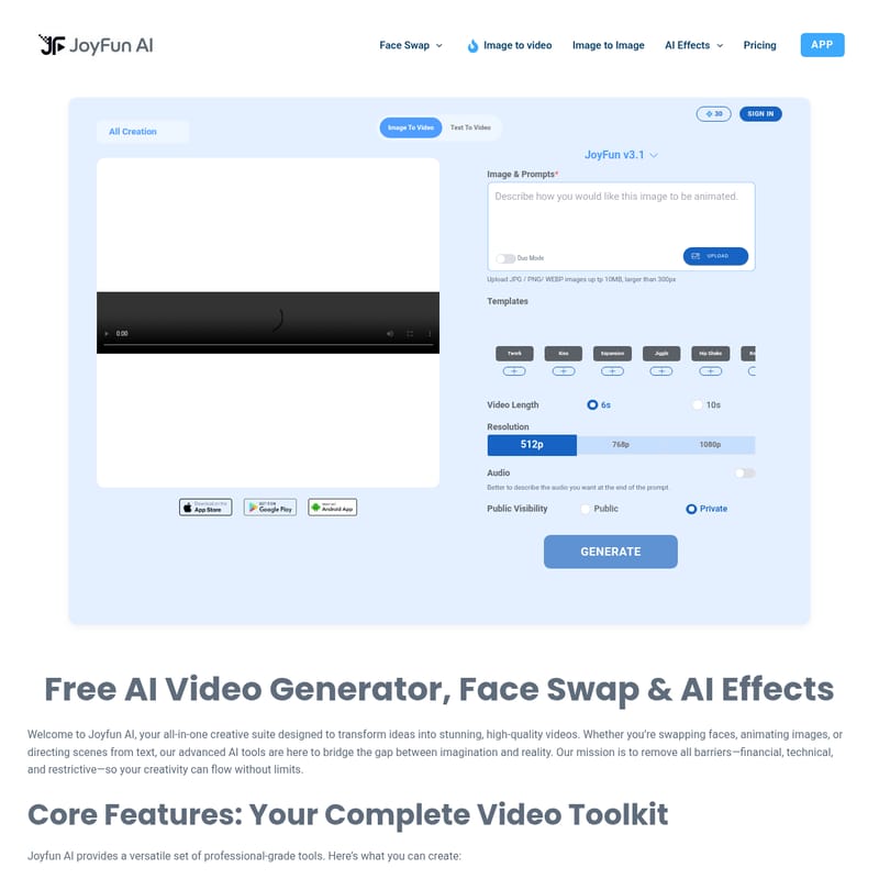 View JoyFun: Free Image to Video - Joyfun AI – darmowy generator wideo AI, Face Swap i efekty AI bez ograniczeń w jakości 1080p JoyFun: Free Image to Video - AI Tool Screenshot and Interface Preview