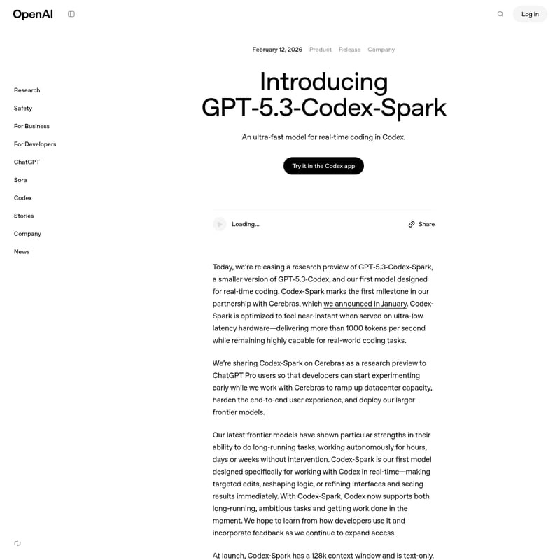 View GPT‑5.3‑Codex‑Spark - OpenAI GPT-5.3-Codex-Spark:专为实时编程打造的超高速AI模型 GPT‑5.3‑Codex‑Spark - AI Tool Screenshot and Interface Preview