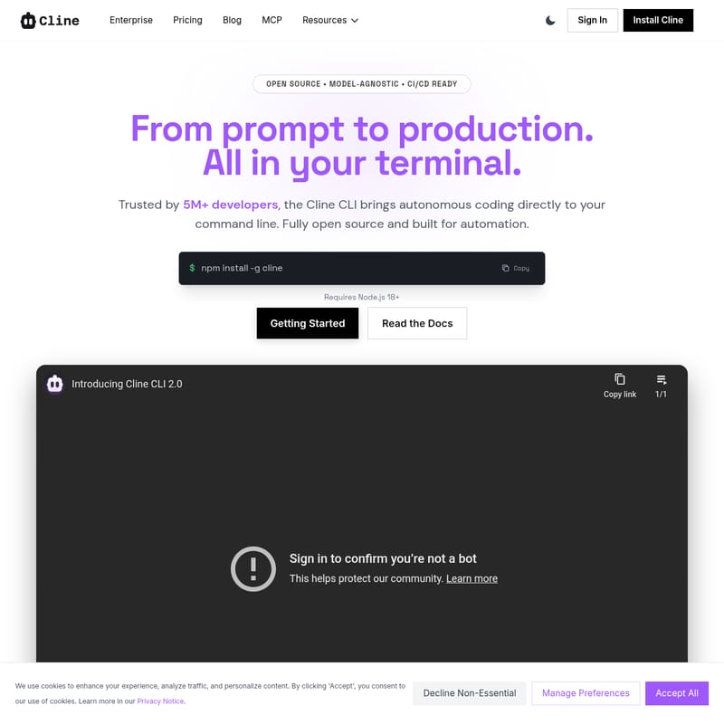 View Cline CLI 2.0 - Cline CLI: The Autonomous, Model-Agnostic AI Coding Agent for Your Terminal Cline CLI 2.0 - AI Tool Screenshot and Interface Preview