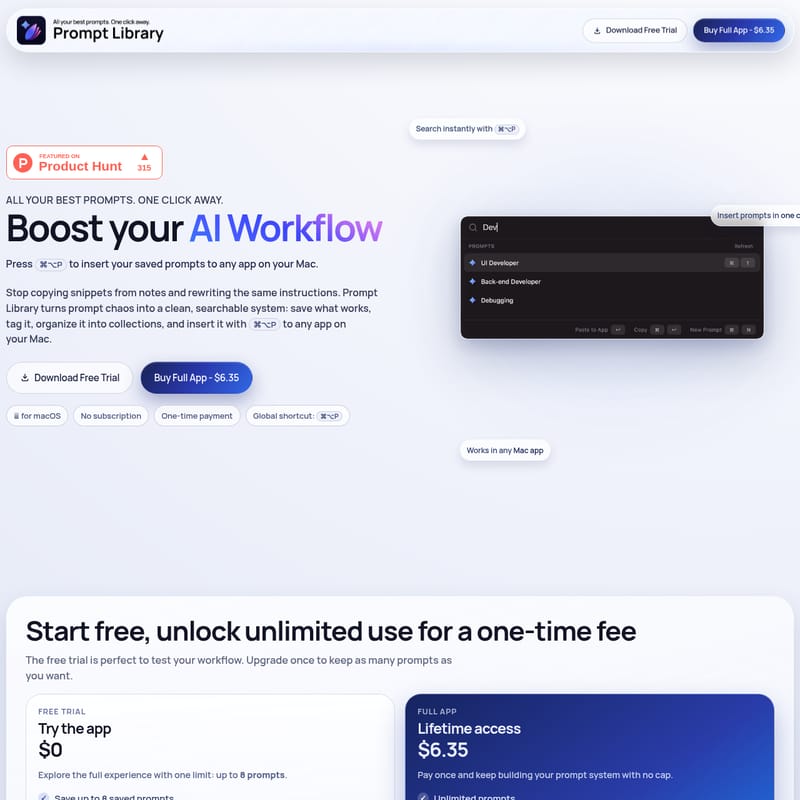 View Prompt Library - Prompt Library : Optimisez votre flux de travail IA sur macOS avec une gestion de prompts simplifiée Prompt Library - AI Tool Screenshot and Interface Preview