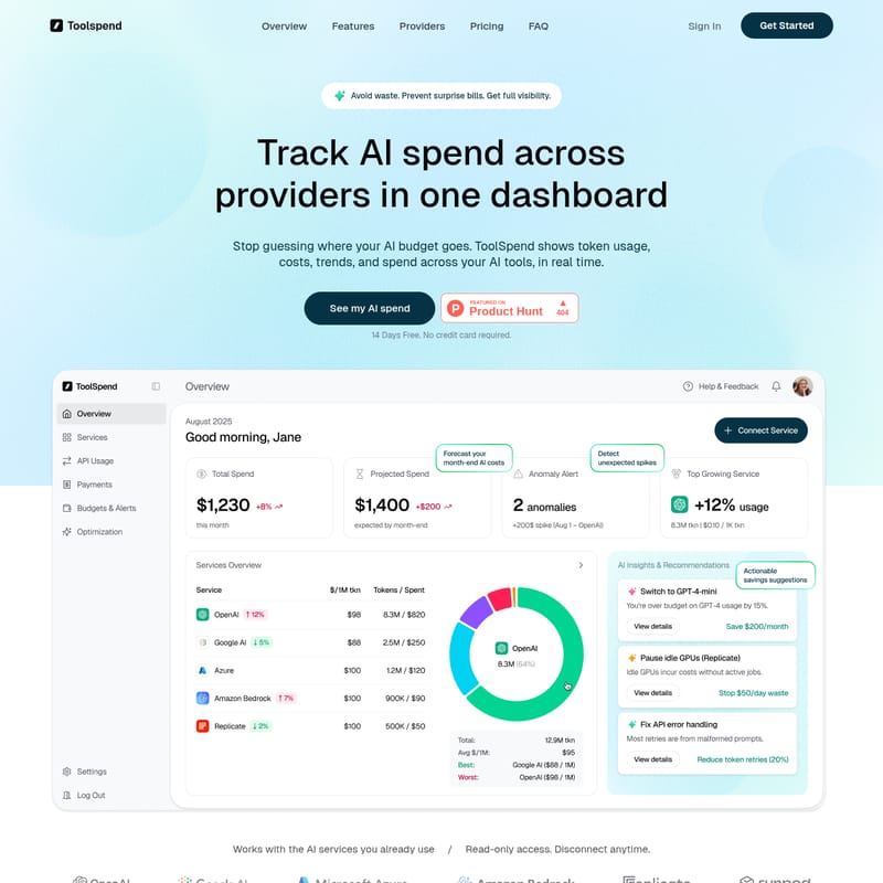 View Toolspend - ToolSpend: Real-Time AI Cost Tracking and Optimization Dashboard for LLM Usage and Budgeting Toolspend - AI Tool Screenshot and Interface Preview