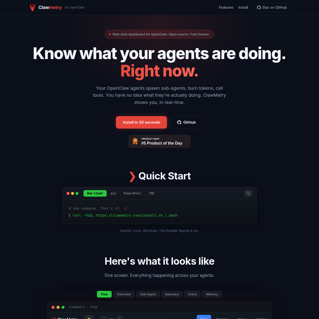 View ClawMetry for OpenClaw - Clawmetry:OpenClaw 专属实时监控看板与性能追踪工具 ClawMetry for OpenClaw - AI Tool Screenshot and Interface Preview