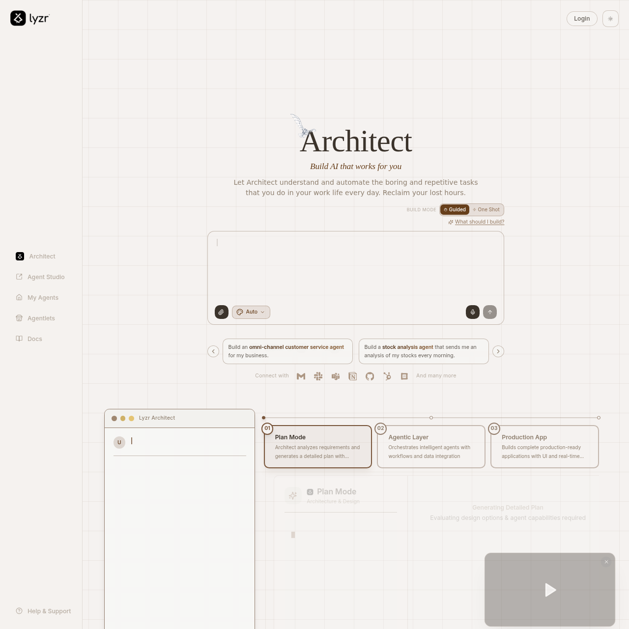 View Architect by Lyzr - Lyzr Architect: Bouw AI-Agenten en Automatiseer Complexe Bedrijfsprocessen Architect by Lyzr - AI Tool Screenshot and Interface Preview