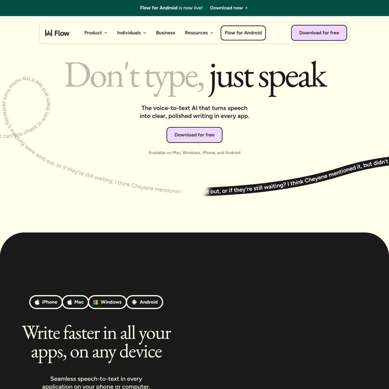 View Wispr Flow for Android - Wispr Flow:支持 Android 的 AI 语音转文字神器,速度快 4 倍 Wispr Flow for Android - AI Tool Screenshot and Interface Preview