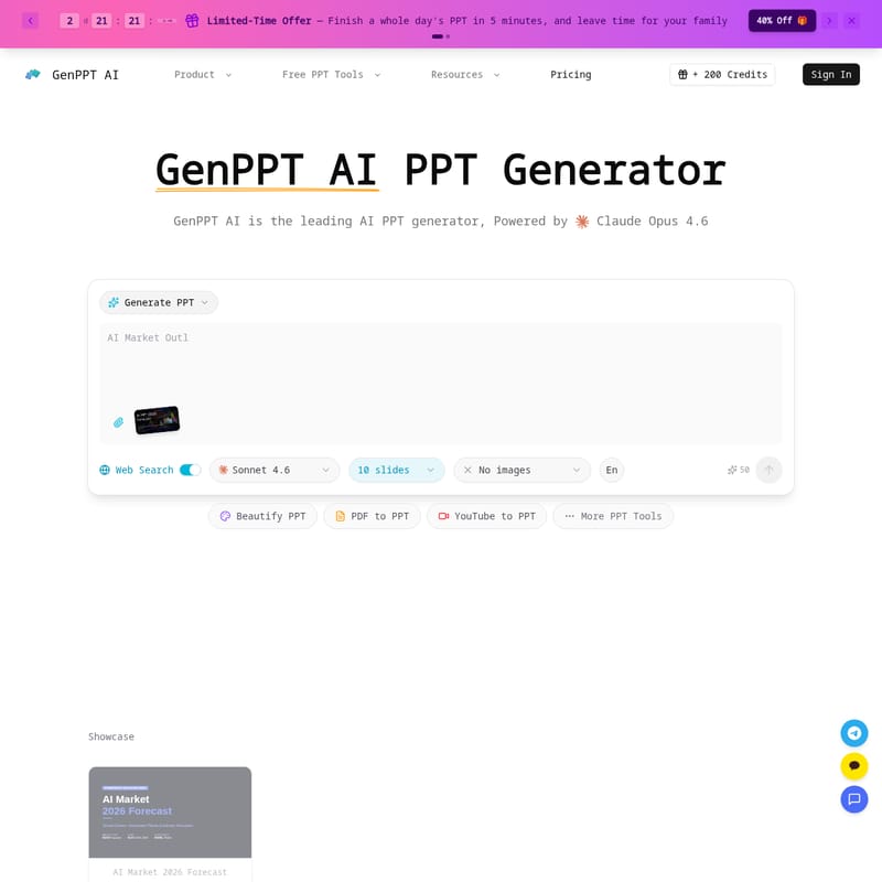 View GenPPT AI - GenPPT AI: Революционный ИИ-генератор презентаций на базе Claude Opus 4.6 для быстрого создания профессиональных слайдов. GenPPT AI - AI Tool Screenshot and Interface Preview