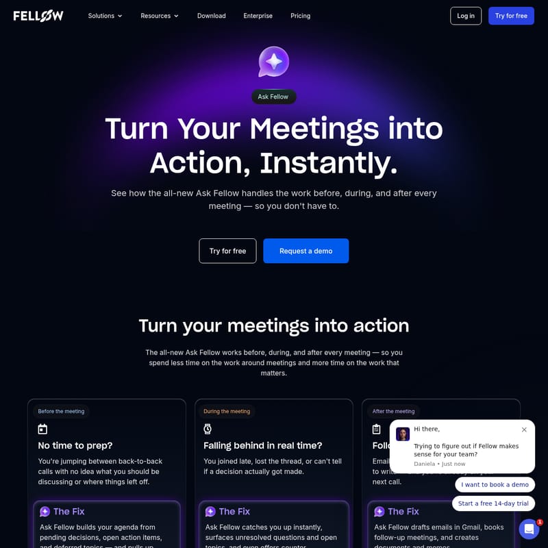 View Ask Fellow - Ask Fellow: AI Meeting Assistant for Automated Agendas, Summaries, and Action Items Ask Fellow - AI Tool Screenshot and Interface Preview