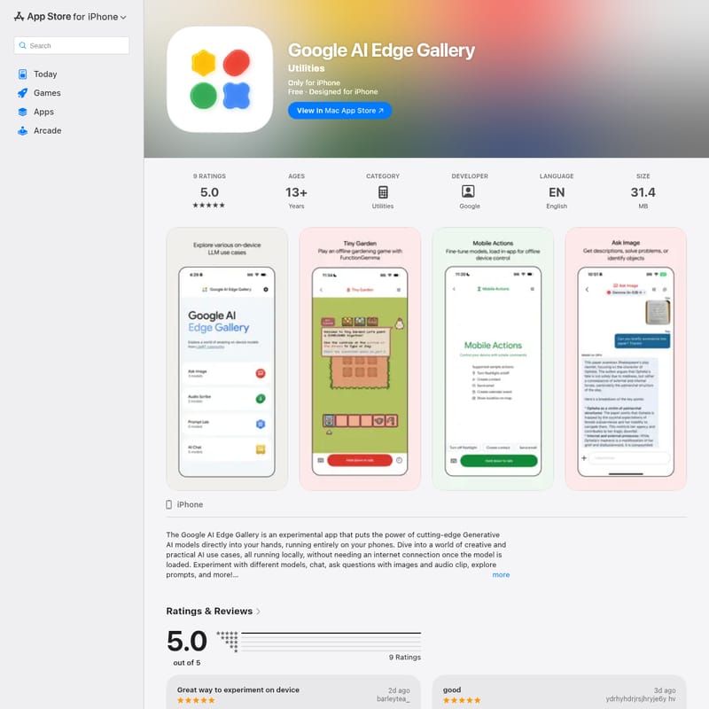 View Google AI Edge Gallery - Google AI Edge Gallery: Experimental Generative AI Running Locally on iPhone and Mac Google AI Edge Gallery - AI Tool Screenshot and Interface Preview