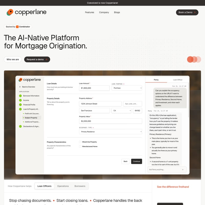 View Copperlane - Copperlane: La plataforma nativa de IA para la originación de préstamos hipotecarios que optimiza el cierre de préstamos. Copperlane - AI Tool Screenshot and Interface Preview
