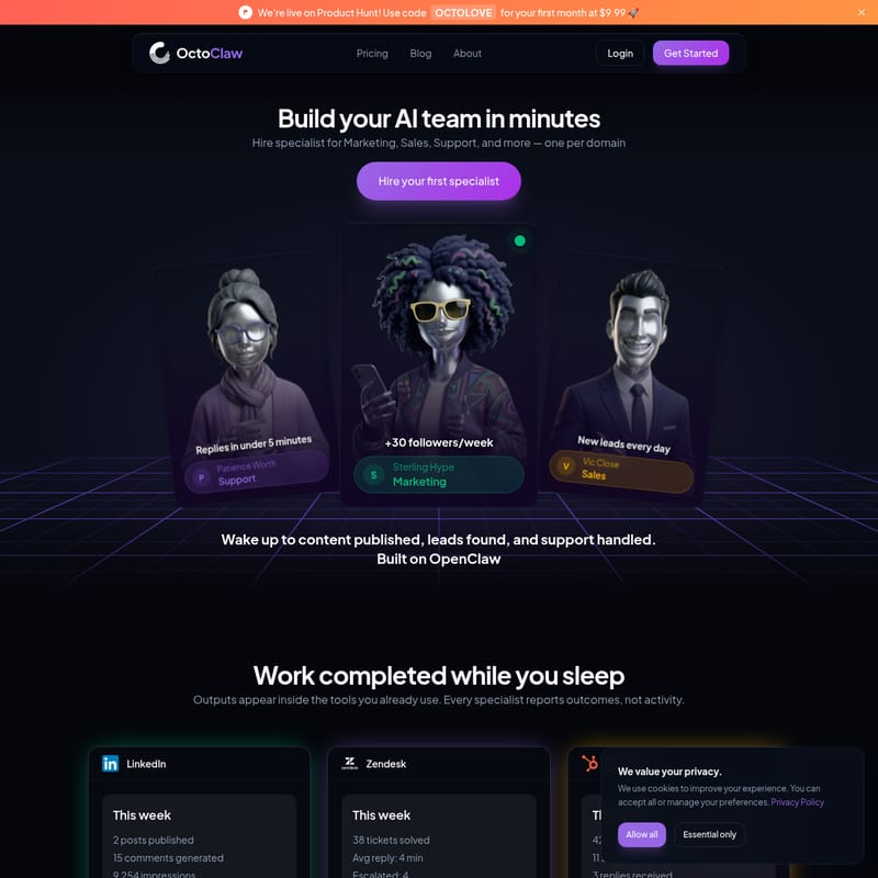 View OctoClaw - OctoClaw: Build Your AI Team for Marketing, Sales, and Support OctoClaw - AI Tool Screenshot and Interface Preview