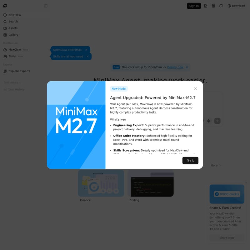 View MiniMax-M2.7 - MiniMax Lab i MaxClaw – Rewolucyjny Agent AI oparty na modelu MiniMax-M2.7 MiniMax-M2.7 - AI Tool Screenshot and Interface Preview