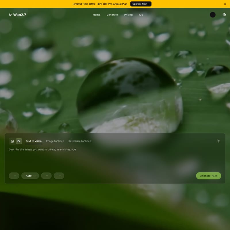 View Wan2-7 AI - Wan 2.7 Video Generator: Next-Gen AI Video Creation and Instruction-Based Editing Wan2-7 AI - AI Tool Screenshot and Interface Preview