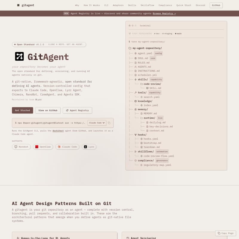 View GitAgent by Lyzr - GitAgent: The Open Standard for Defining, Versioning, and Running Git-Native AI Agents GitAgent by Lyzr - AI Tool Screenshot and Interface Preview