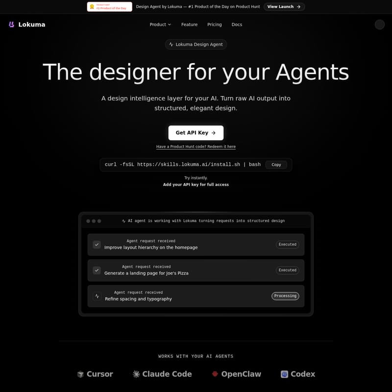 View Design Agent by Lokuma - Lokuma Design Agent:AI出力を構造化された洗練されたデザインへ変換する、AIエージェントのためのデザイン知能レイヤー Design Agent by Lokuma - AI Tool Screenshot and Interface Preview
