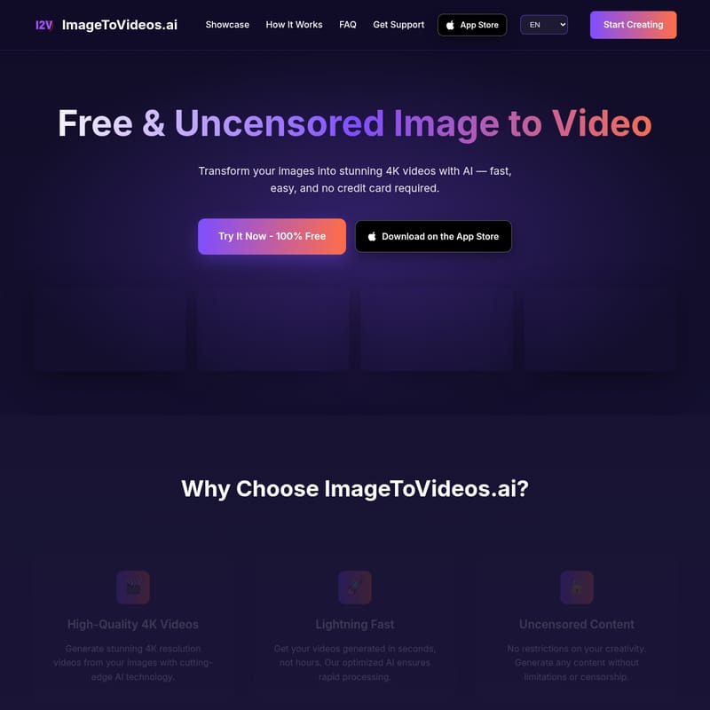 View Free and Uncensored Image to Video - ImageToVideos.ai: Free & Uncensored 4K AI Image to Video Generator Free and Uncensored Image to Video - AI Tool Screenshot and Interface Preview