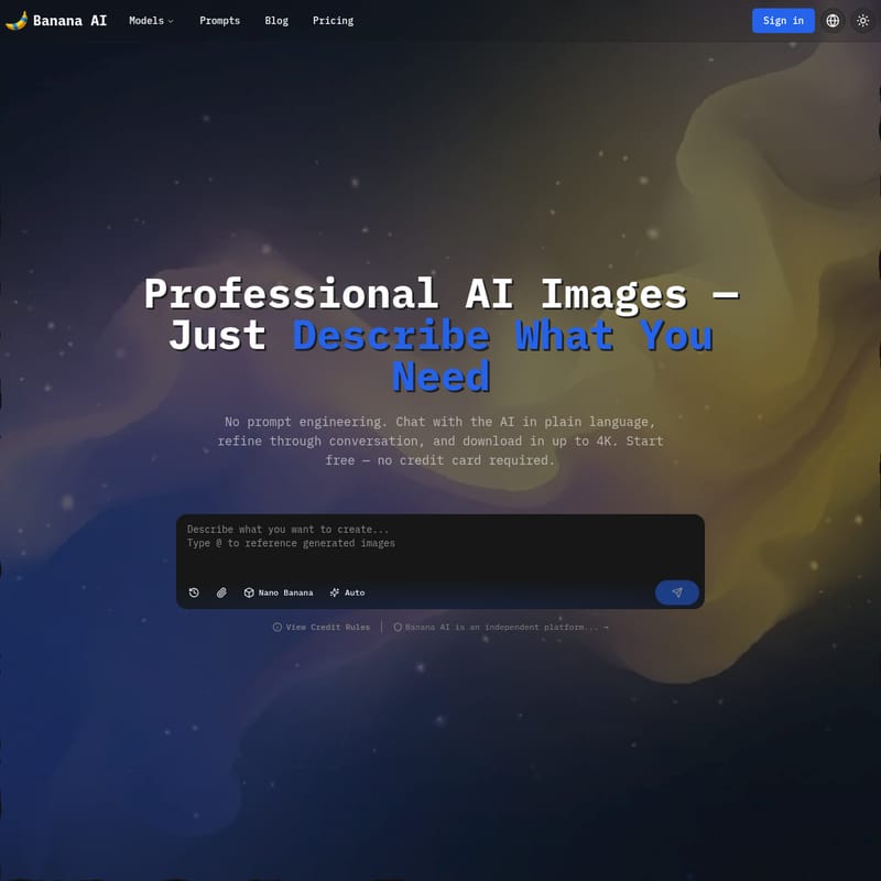 View Banana AI - Banana AI: Professional 4K AI Image Generation through Conversational Chat for E-Commerce and Creators Banana AI - AI Tool Screenshot and Interface Preview