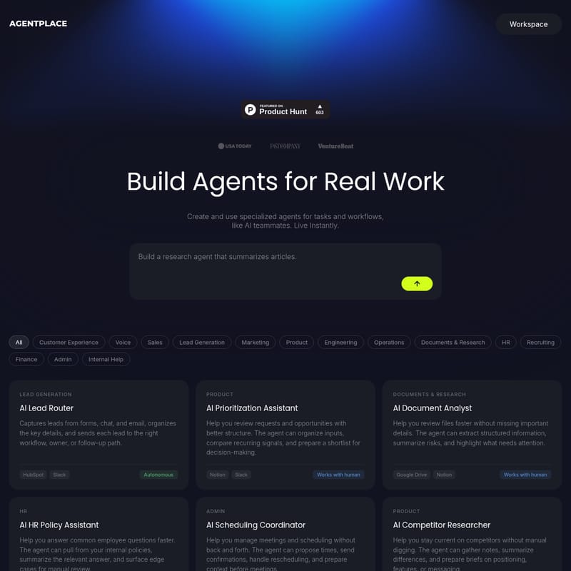 View Agentplace AI Agents - Workspace: Die Plattform für KI-Agenten und kollaborative Arbeitsabläufe zur Steigerung der Produktivität. Agentplace AI Agents - AI Tool Screenshot and Interface Preview