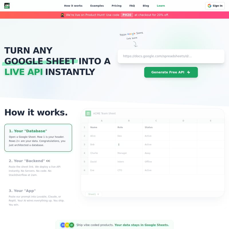 View Sheet Ninja - Sheet Ninja: Transformeer elke Google Sheet direct in een live API voor razendsnelle app-ontwikkeling. Sheet Ninja - AI Tool Screenshot and Interface Preview