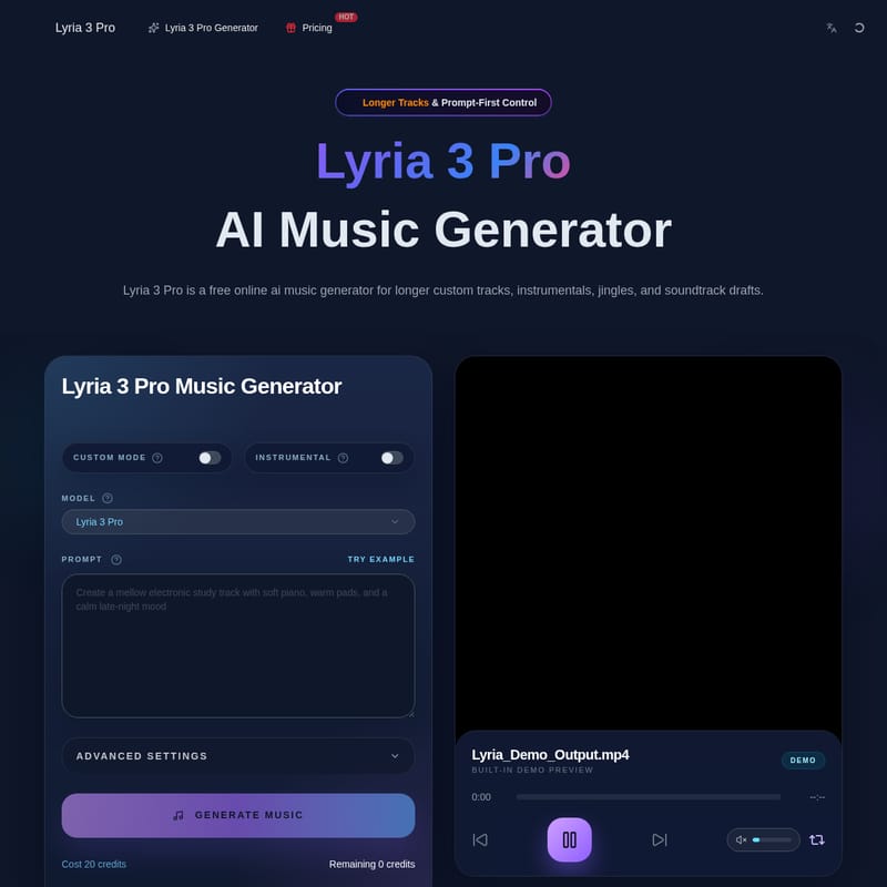 View Lyria 3 Pro Free - Lyria 3 Pro: Zaawansowany Generator Muzyki AI do Tworzenia Długich Utworów i Jingli Lyria 3 Pro Free - AI Tool Screenshot and Interface Preview
